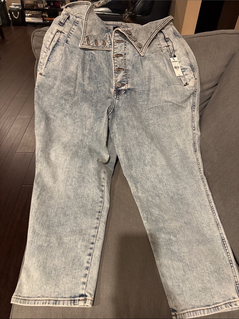Express High Rise Women's Jeans - Light Wash Blue - fold waist
